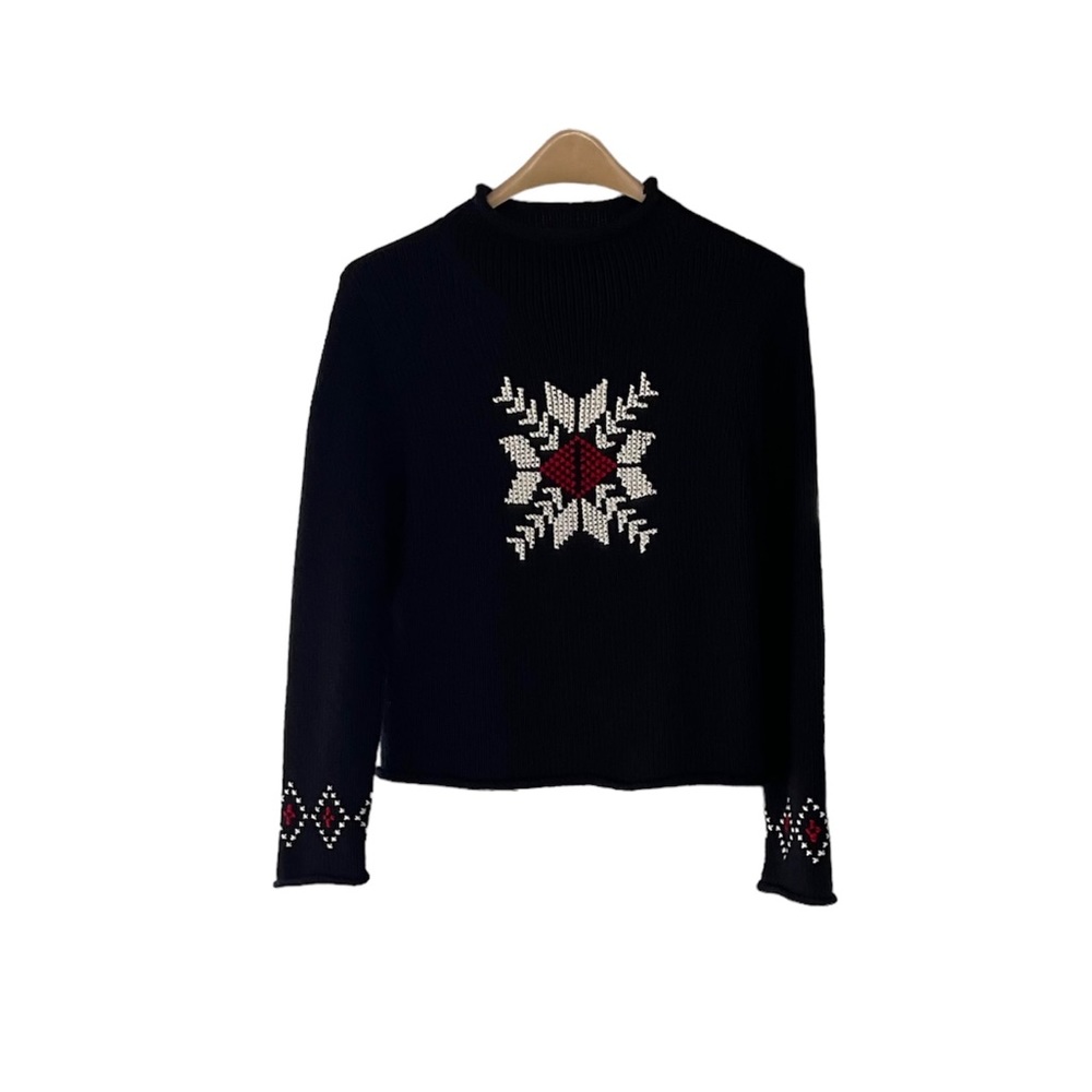 Women’s SONOMA Med Sweater BLACK WHITE RED Vintage WINTER/FESTIVE/FUN SOFT EUC!